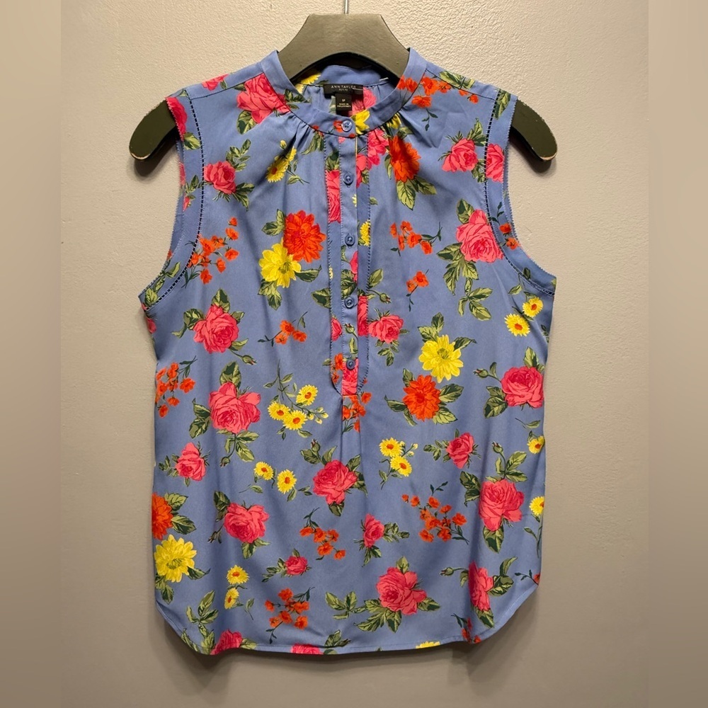 #1) Ann Taylor petite Blue Floral Sleeveless Blouse